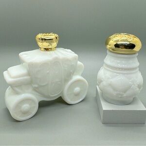 Lot of 2 Vintage Avon Milk Glass Bottles - Stagecoach and Floral